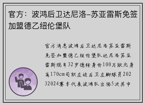 官方：波鸿后卫达尼洛-苏亚雷斯免签加盟德乙纽伦堡队