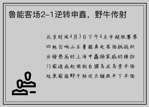 鲁能客场2-1逆转申鑫，野牛传射